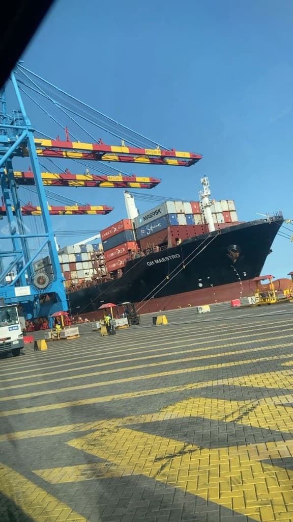 Container vessel at port supporting international rice and oil export shipments