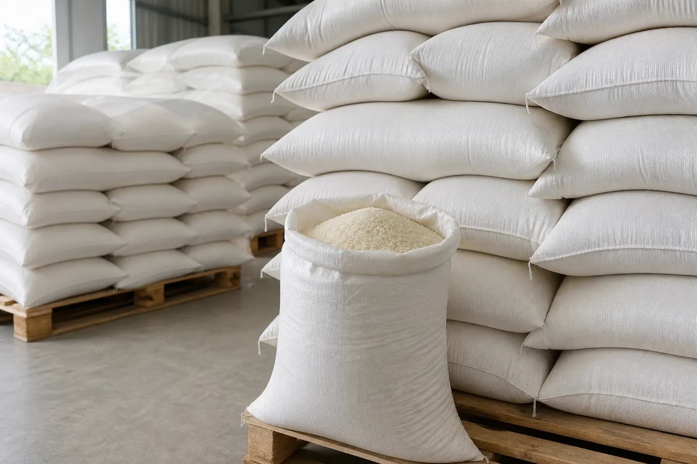 Export packing context for Japonica Rice — woven bags on pallets